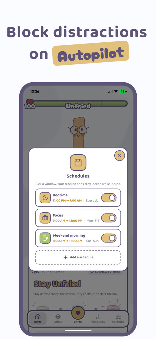 Unfried schedules: Bedtime, Focus and Weekend morning windows that block tracked apps