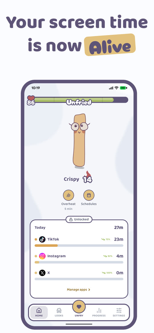 Unfried home screen: a fry with a health bar above today's screen time on TikTok, Instagram and X